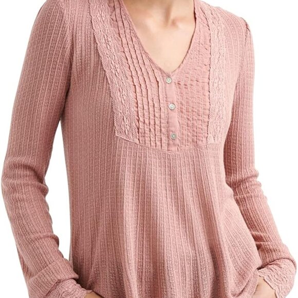 Lucky Brand Blouse Size M Pink Henley V-Neck Pleated Lace Romantic Boho Peasant - Picture 1 of 12